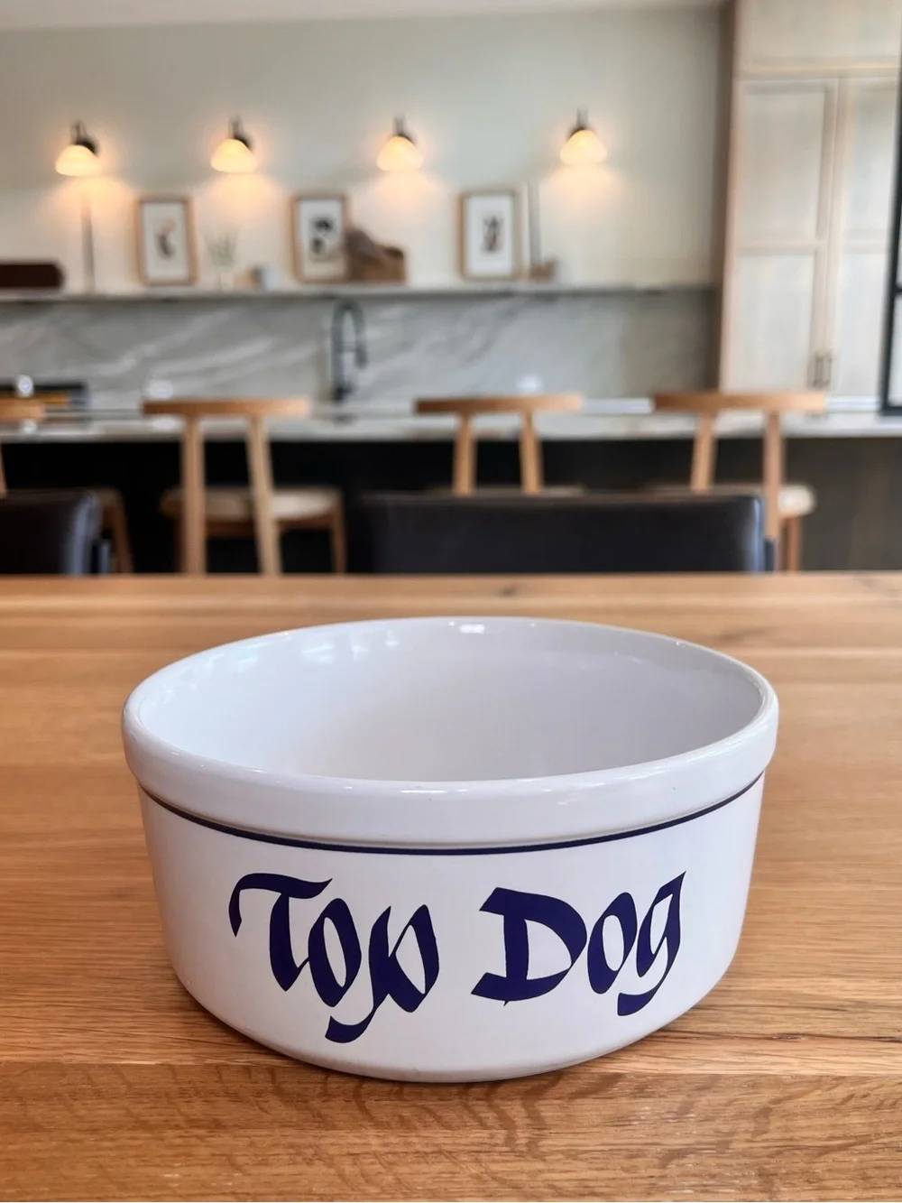 Vintage Clay Design TOP DOG ceramic dog bowl white blue pet food dish